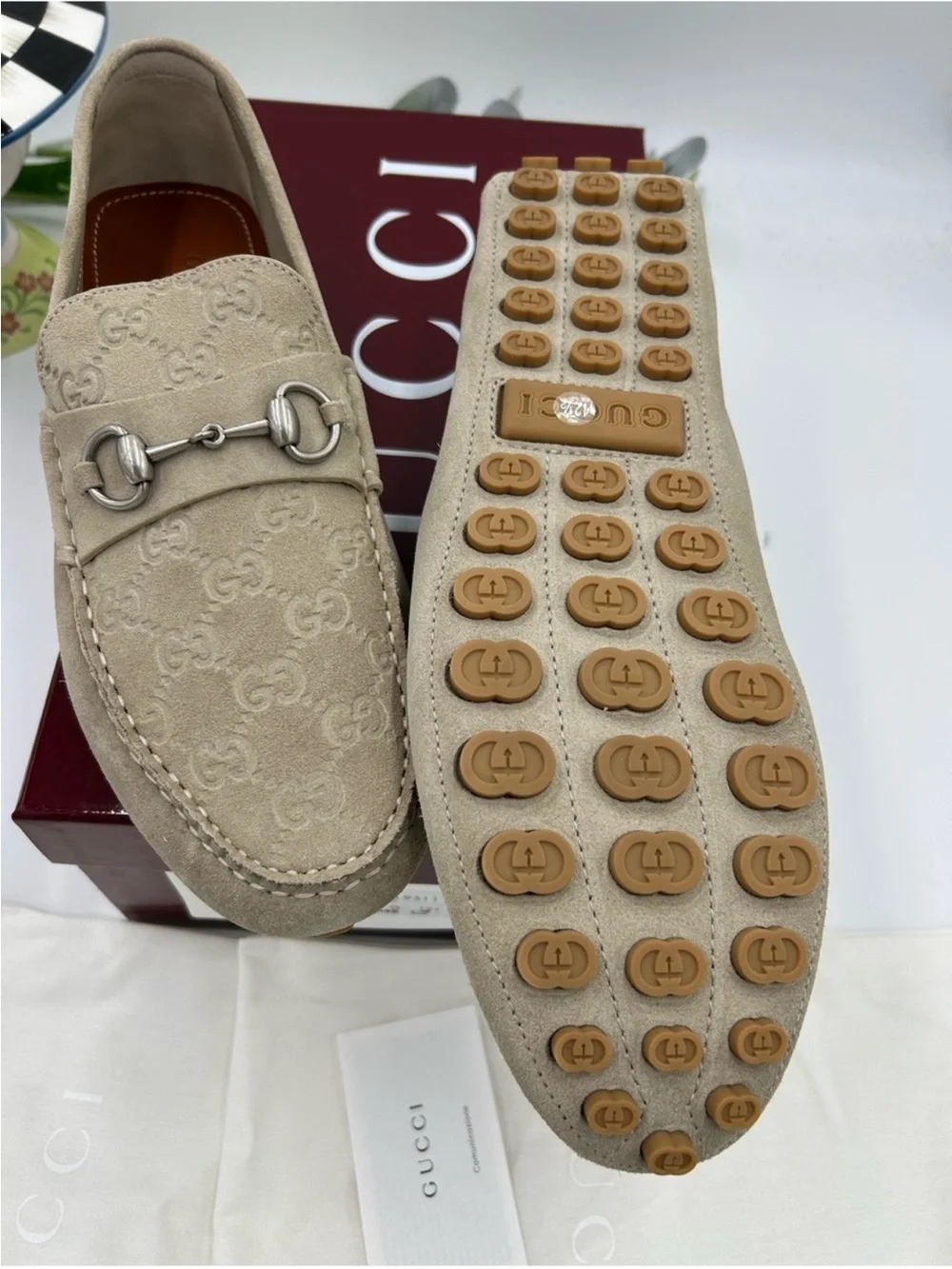 Men’s Gucci suede GG embossed loafers size 12.5 fits 13 US made Italy